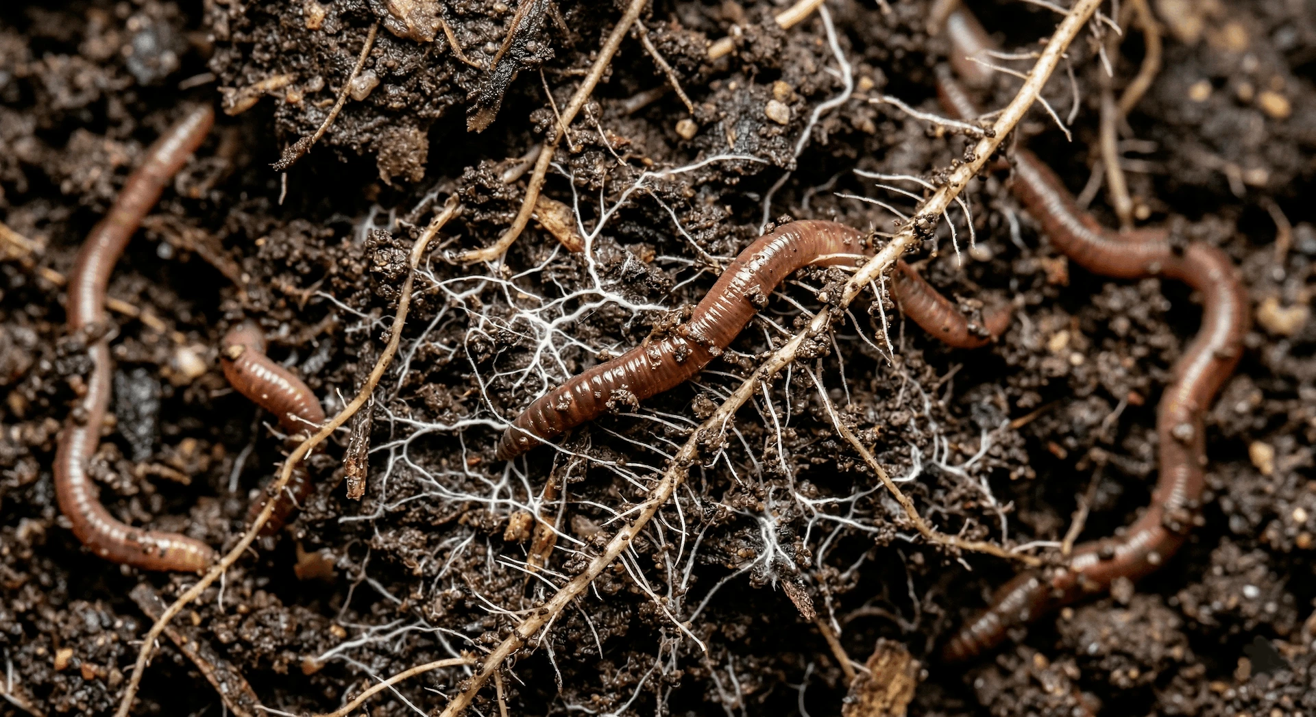 Soil food web activity — earthworms, fungi, and bacteria cycling nutrients in biologically rich soil